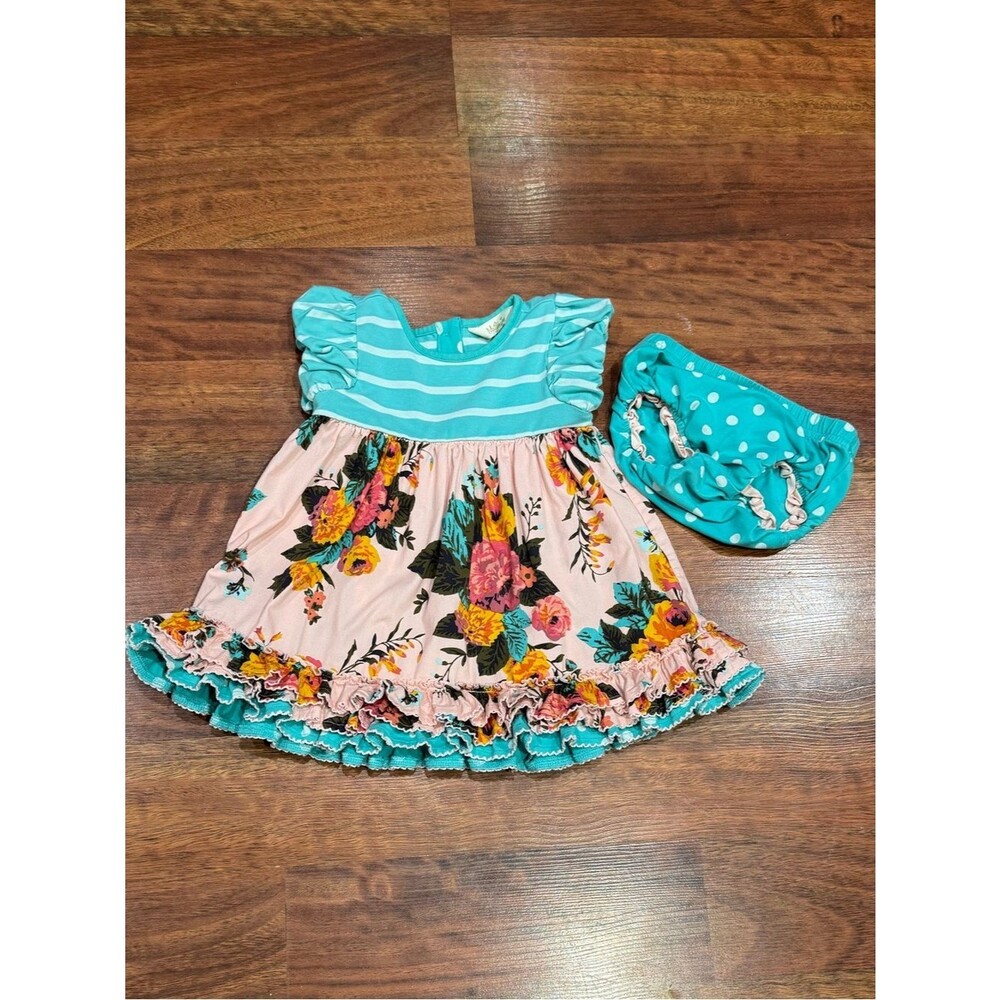Matilda Jane - Pink Floral with Teal and White Polka Dot & Stripe Dress Set